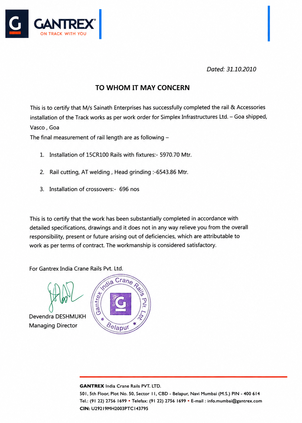 GANTREX certificate Sainath Enterprises crane rail installation Simplex Infrastructures Goa Shipyard Vasco 2010