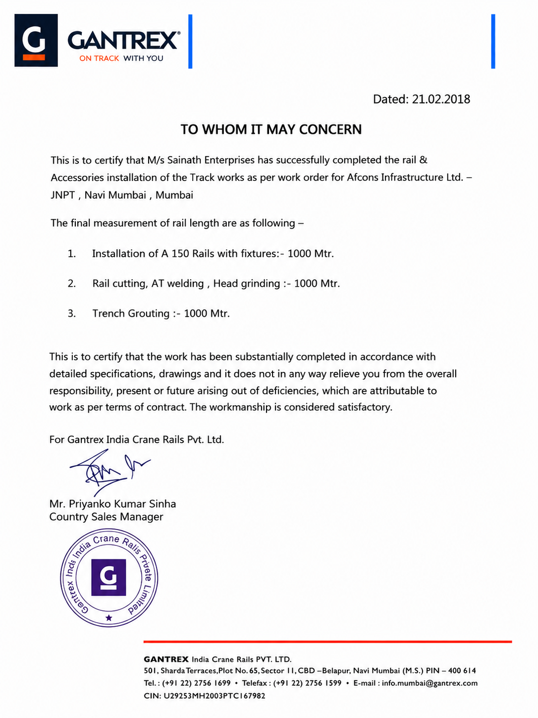 GANTREX certificate Sainath Enterprises crane rail installation Afcons Infrastructure JNPT Navi Mumbai 2018