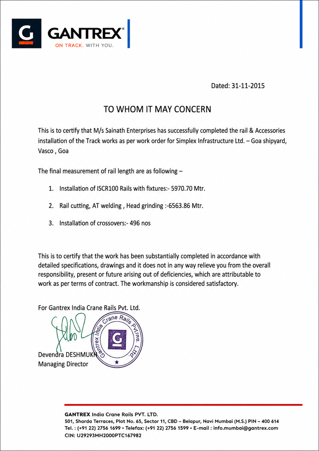 GANTREX certificate Sainath Enterprises crane rail refurbishment installation Simplex Infrastructure Goa Shipyard Vasco 2015