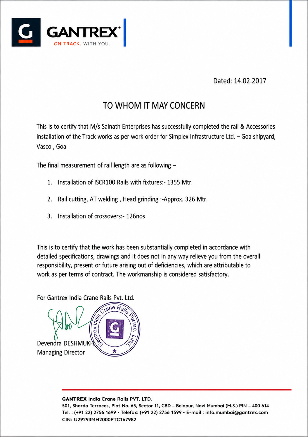GANTREX certificate Sainath Enterprises crane rail survey installation Simplex Infrastructure Goa Shipyard Vasco 2017
