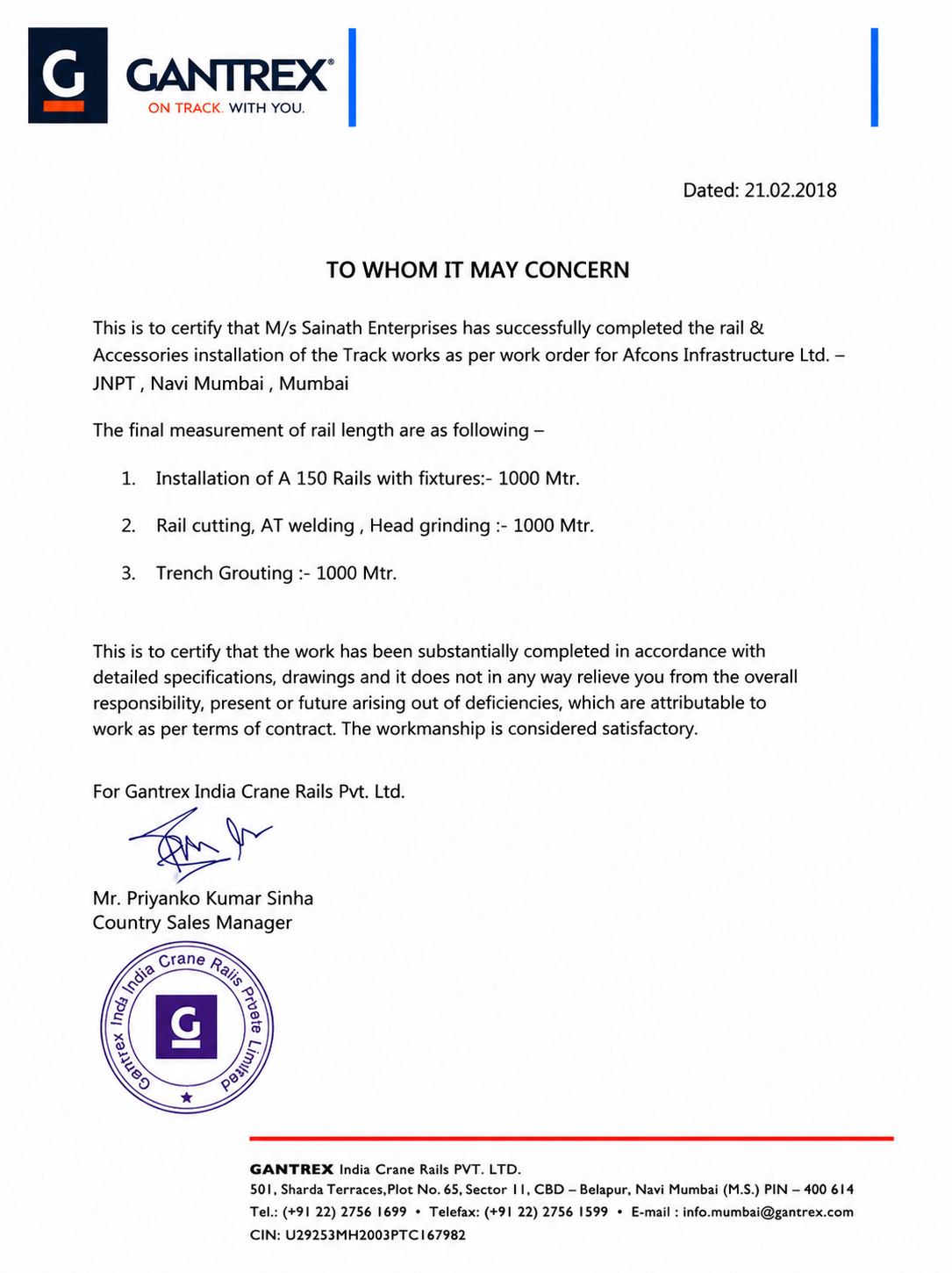 GANTREX certificate Sainath Enterprises crane rail installation survey Afcons Infrastructure JNPT Navi Mumbai 2018