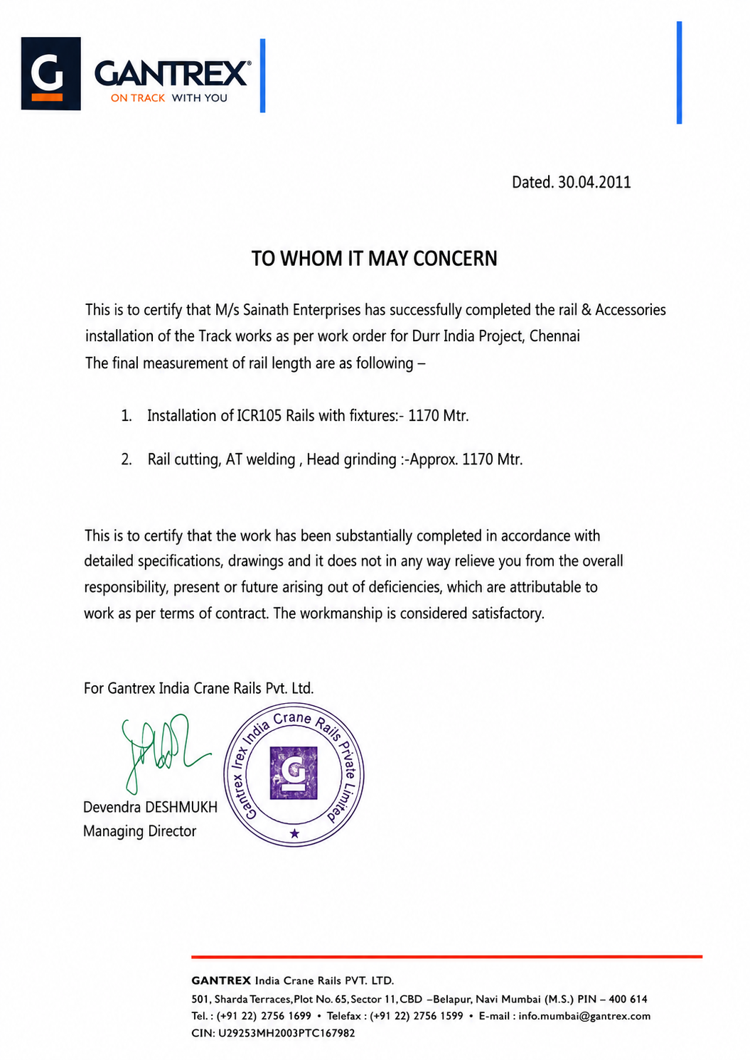 GANTREX certificate Sainath Enterprises crane rail thermit welding installation Durr India Project Chennai 2011