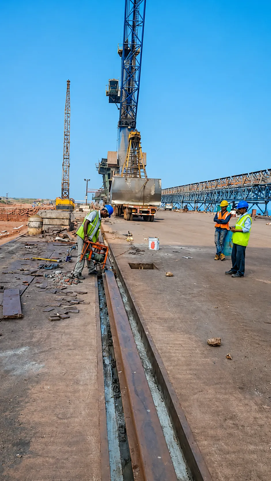 Port rail installation with overhead crane