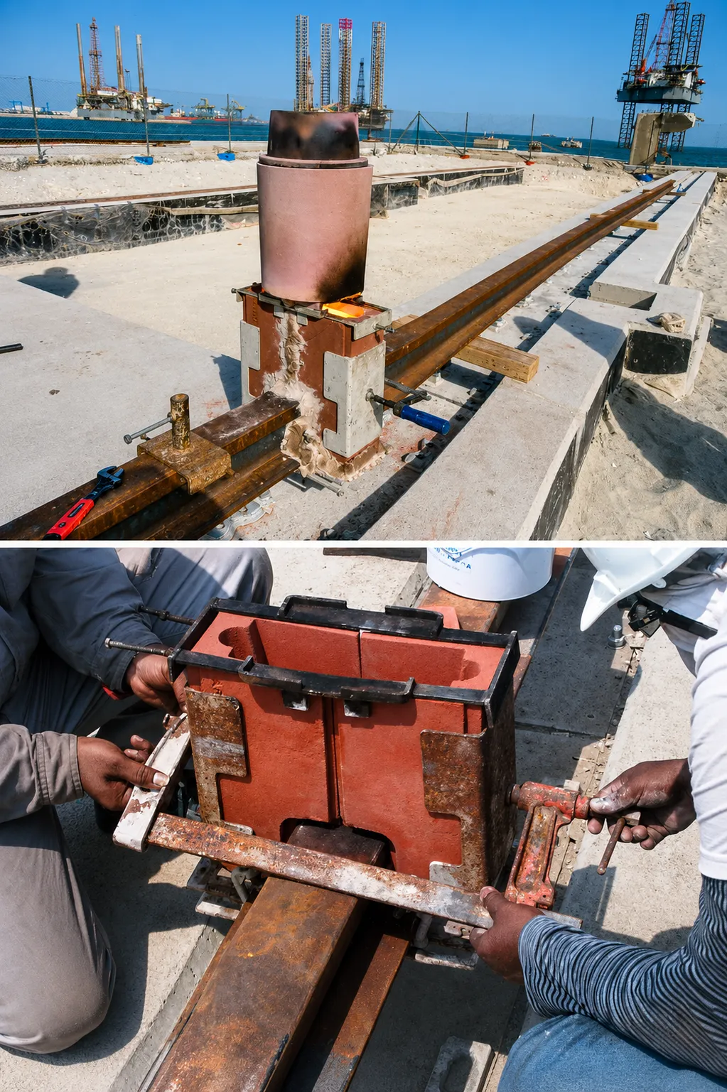 Alumino thermit weld mold setup and molten pour on crane rail